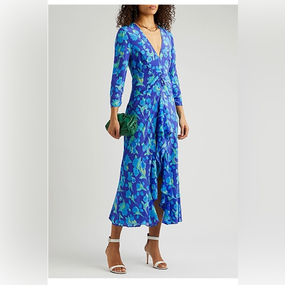 RIXO Blue Rose Floral Midi Dress, size M. Perfect wedding guest dress